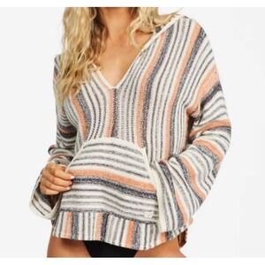 Billabong Baja Hoodie Womens M Orange Cream Striped Knit Bell Sleeve Lightweight